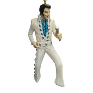 Elvis In White Suit Blue Accents Holding Microphone Ornament